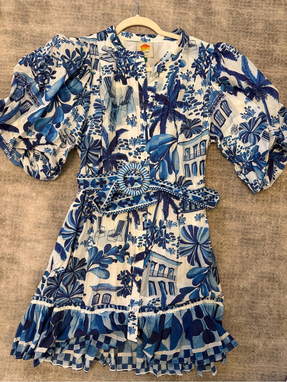 FARM Rio Blue and White Printed Mini Dress with Belt